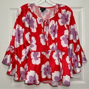 GiGio Vibrant Red Bell Sleeve Floral Blouse | size Small